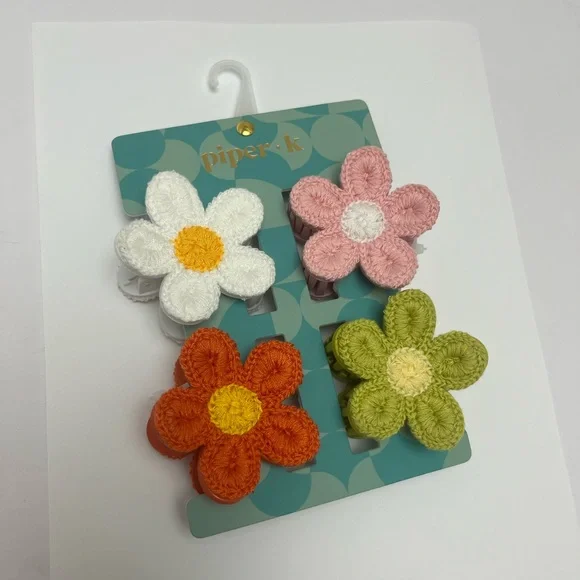 NWT 💚🧡🩷 Piper K Hair Claw Clips set of 4 flowers knitted crochet - Picture 10 of 14